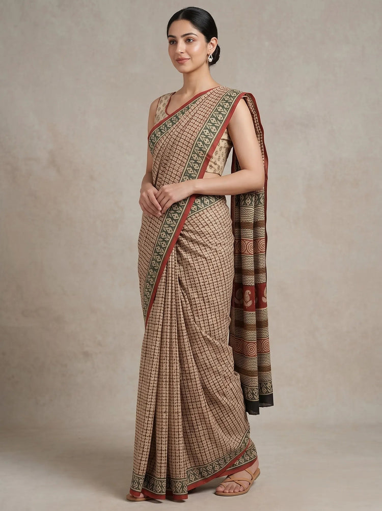 Beige & Red Cotton Printed Saree