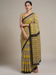 Black & Yellow Cotton Printed Saree