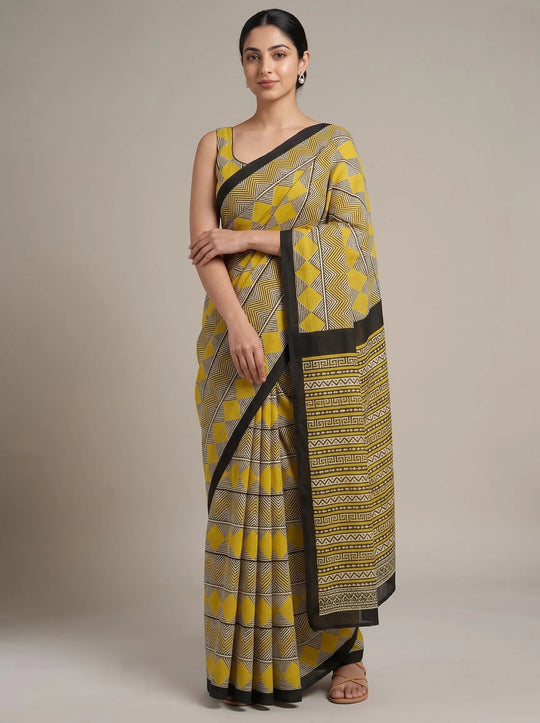 Black & Yellow Cotton Printed Saree