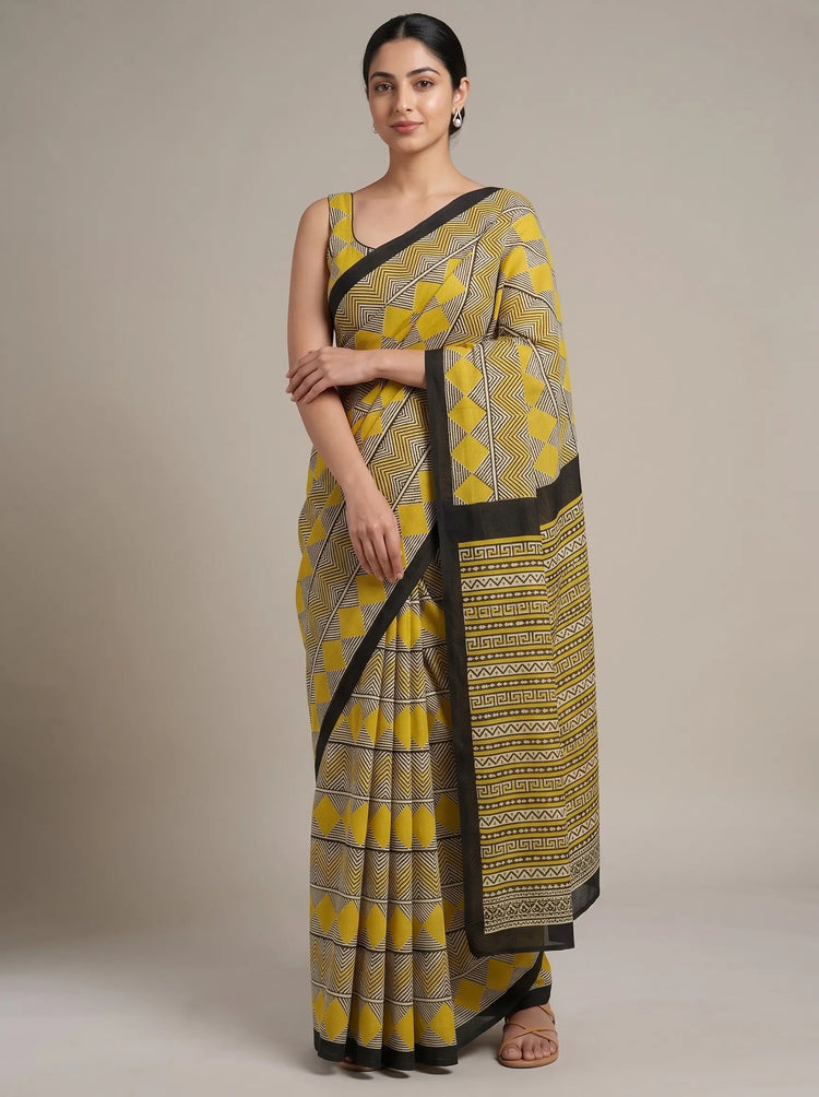 Black & Yellow Cotton Printed Saree