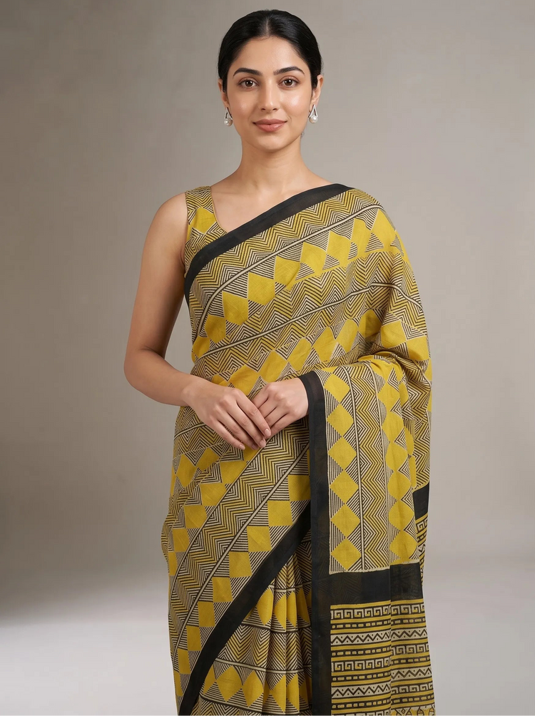 Black & Yellow Cotton Printed Saree