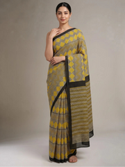 Black & Yellow Cotton Printed Saree