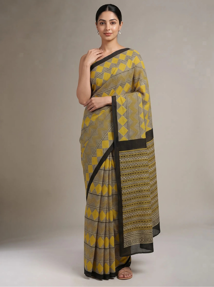 Black & Yellow Cotton Printed Saree