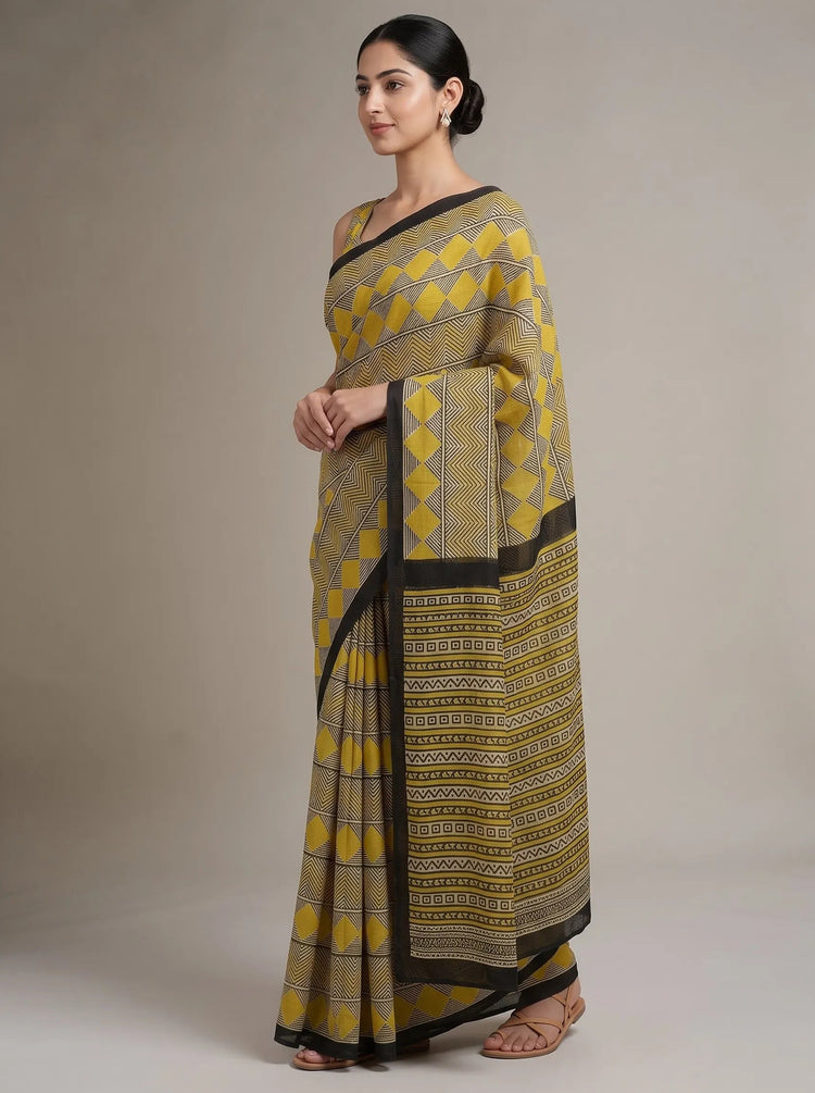 Black & Yellow Cotton Printed Saree