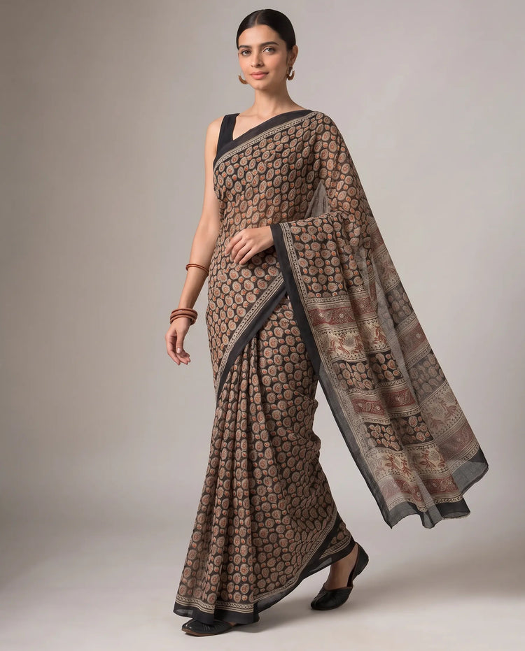 Black & Beige Cotton Ethnic Printed Saree