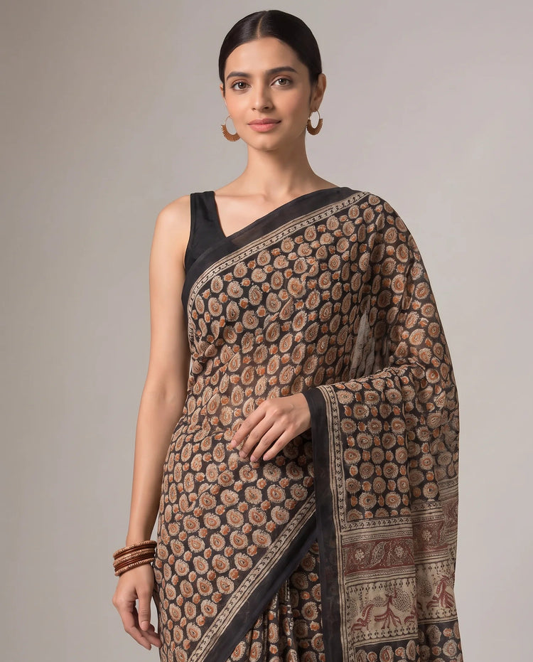 Black & Beige Cotton Ethnic Printed Saree