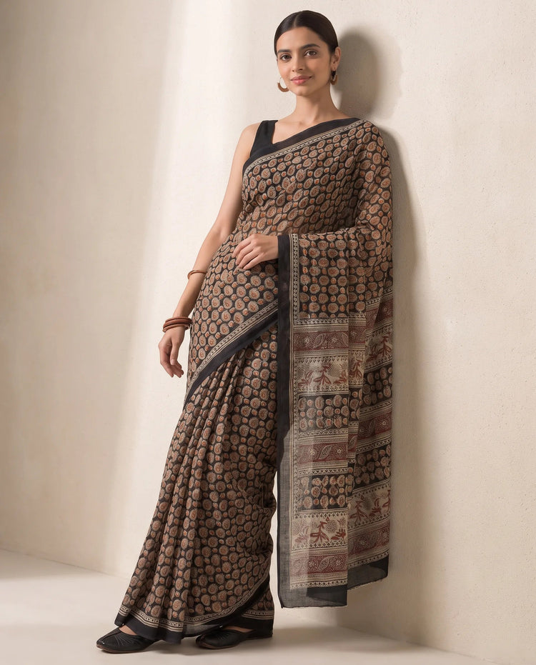 Black & Beige Cotton Ethnic Printed Saree