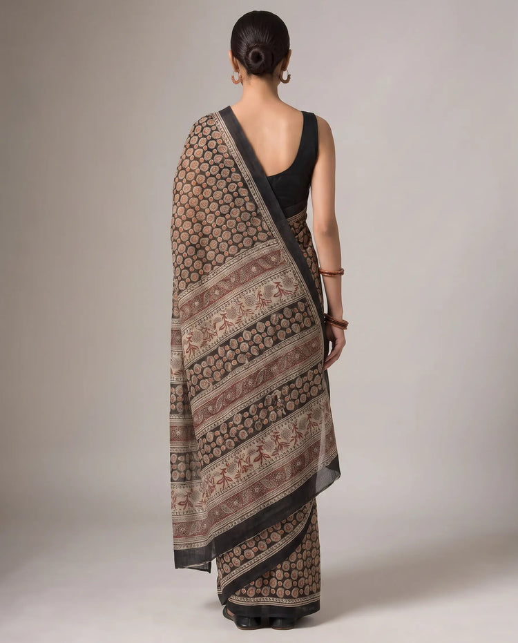 Black & Beige Cotton Ethnic Printed Saree