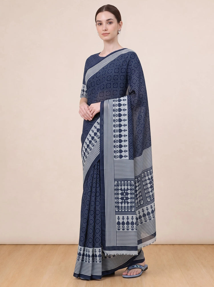 Classic Blue Cotton Traditional Printed Saree