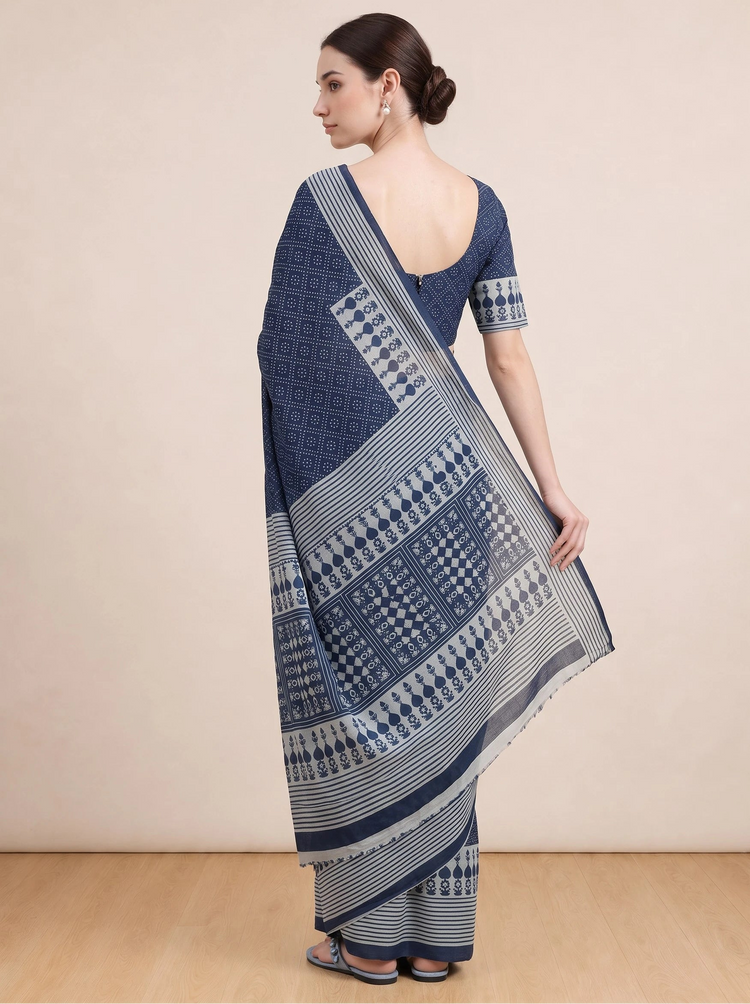 Classic Blue Cotton Traditional Printed Saree