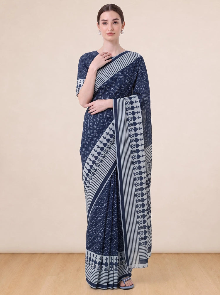 Classic Blue Cotton Traditional Printed Saree