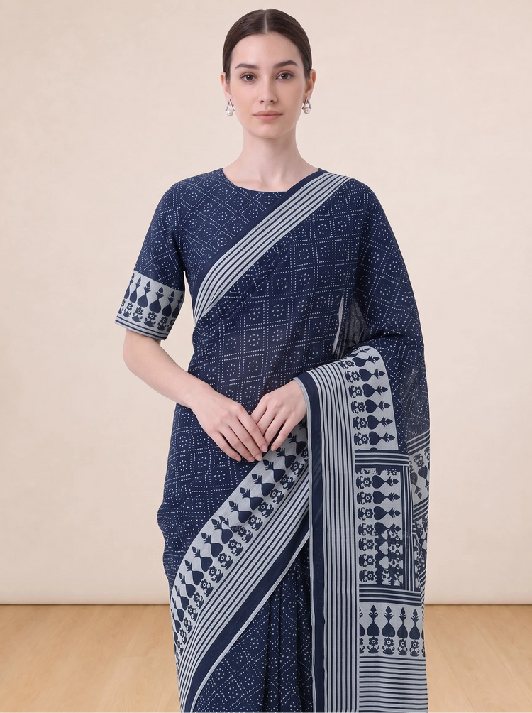 Classic Blue Cotton Traditional Printed Saree
