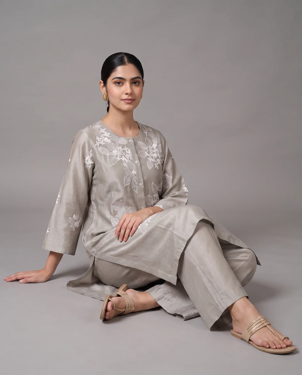 Taupe Gray Embroidered Straight Co-ord Set