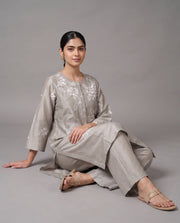 Taupe Gray Embroidered Straight Co-ord Set