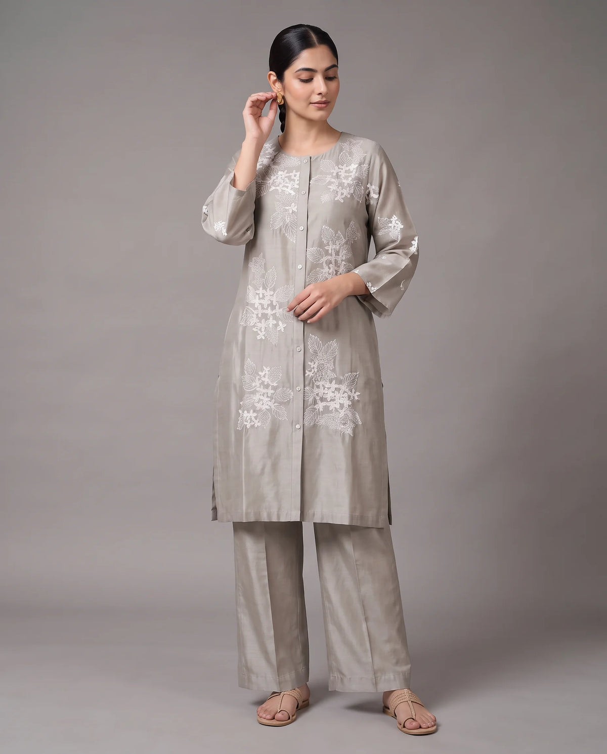 Taupe Gray Embroidered Straight Co-ord Set