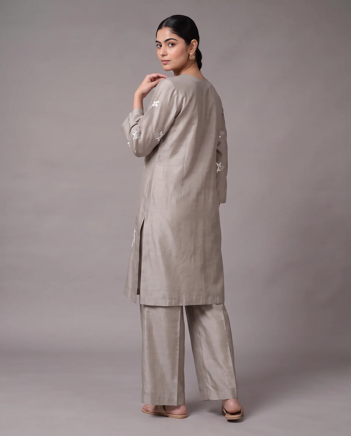 Taupe Gray Embroidered Straight Co-ord Set