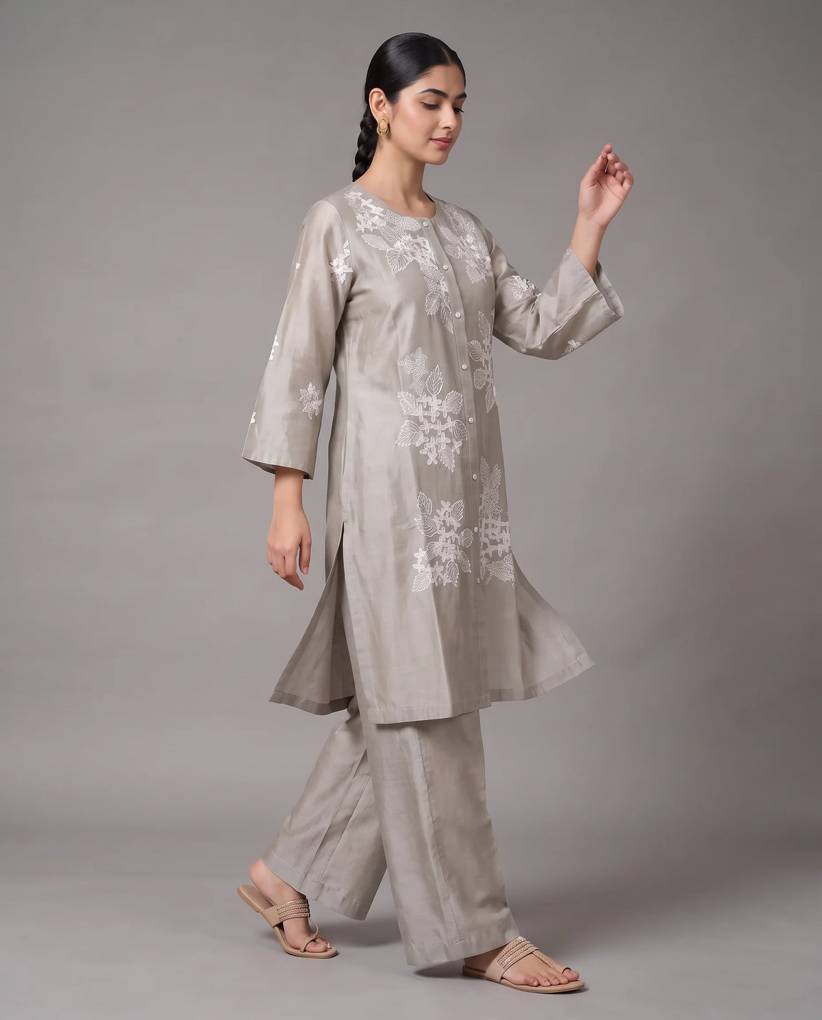 Taupe Gray Embroidered Straight Co-ord Set