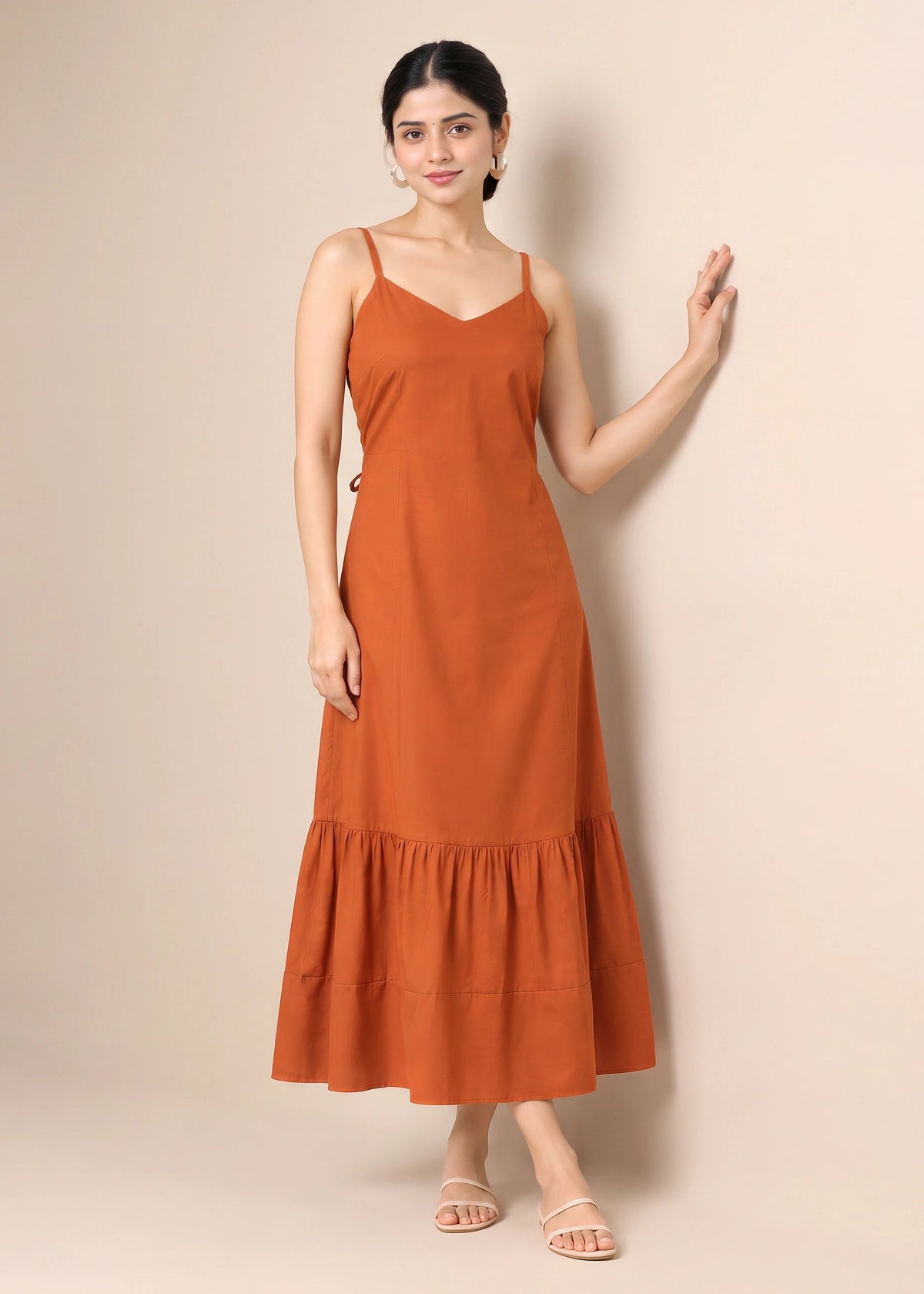 Rust Plain Flared Sleeveless Kurta