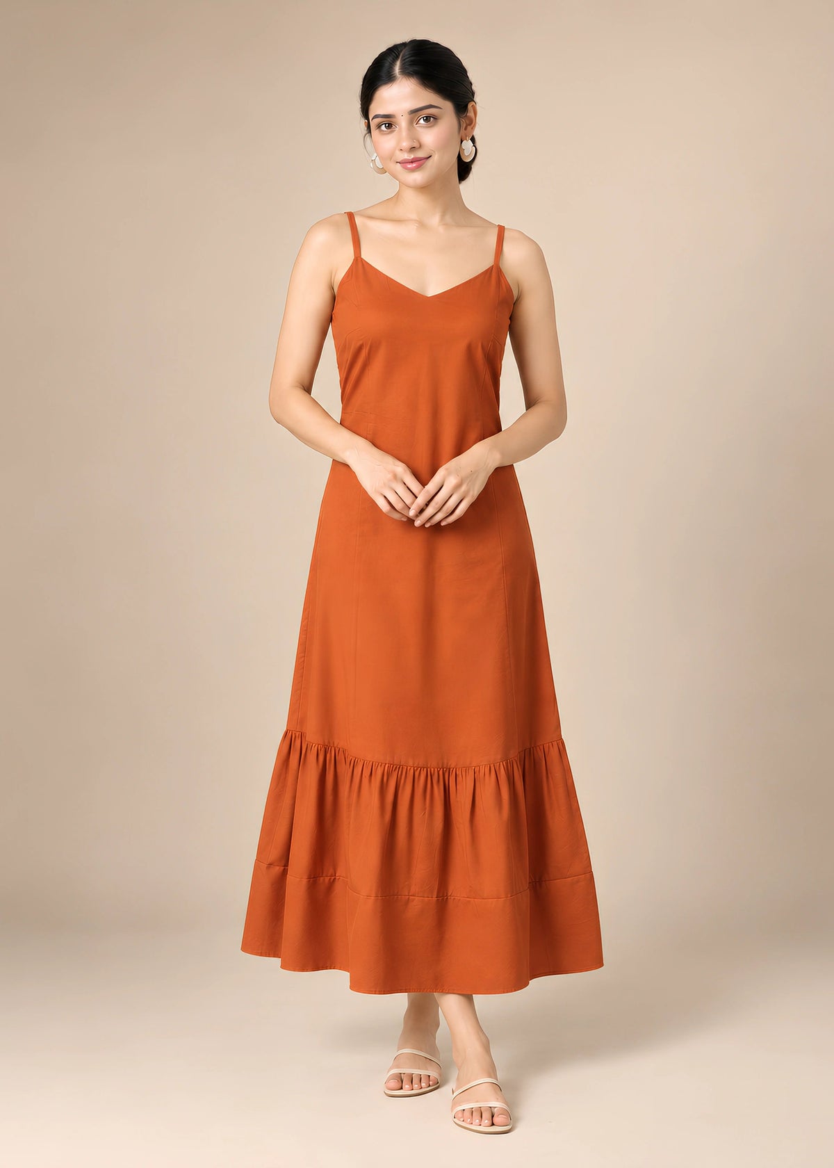 Rust Plain Flared Sleeveless Kurta