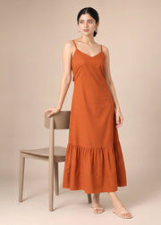 Rust Plain Flared Sleeveless Kurta