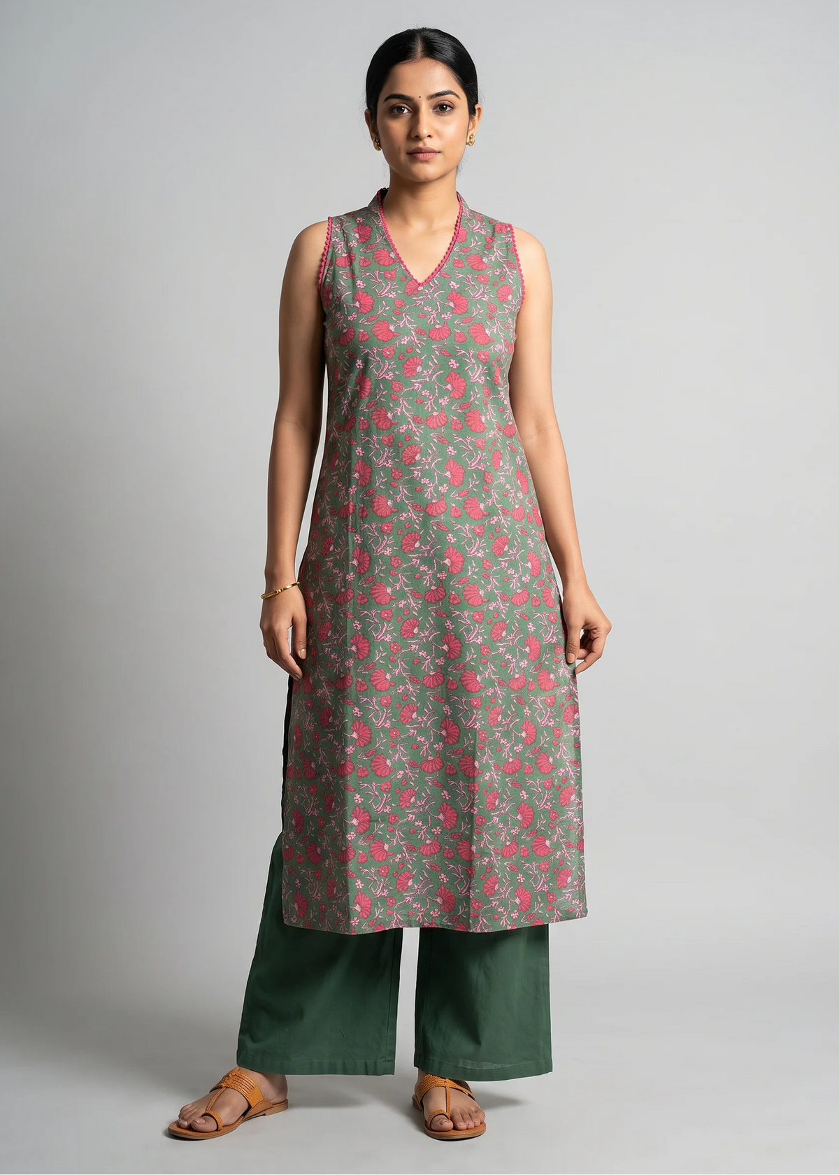 Olive Green Printed A-Line Sleeveless Kurta