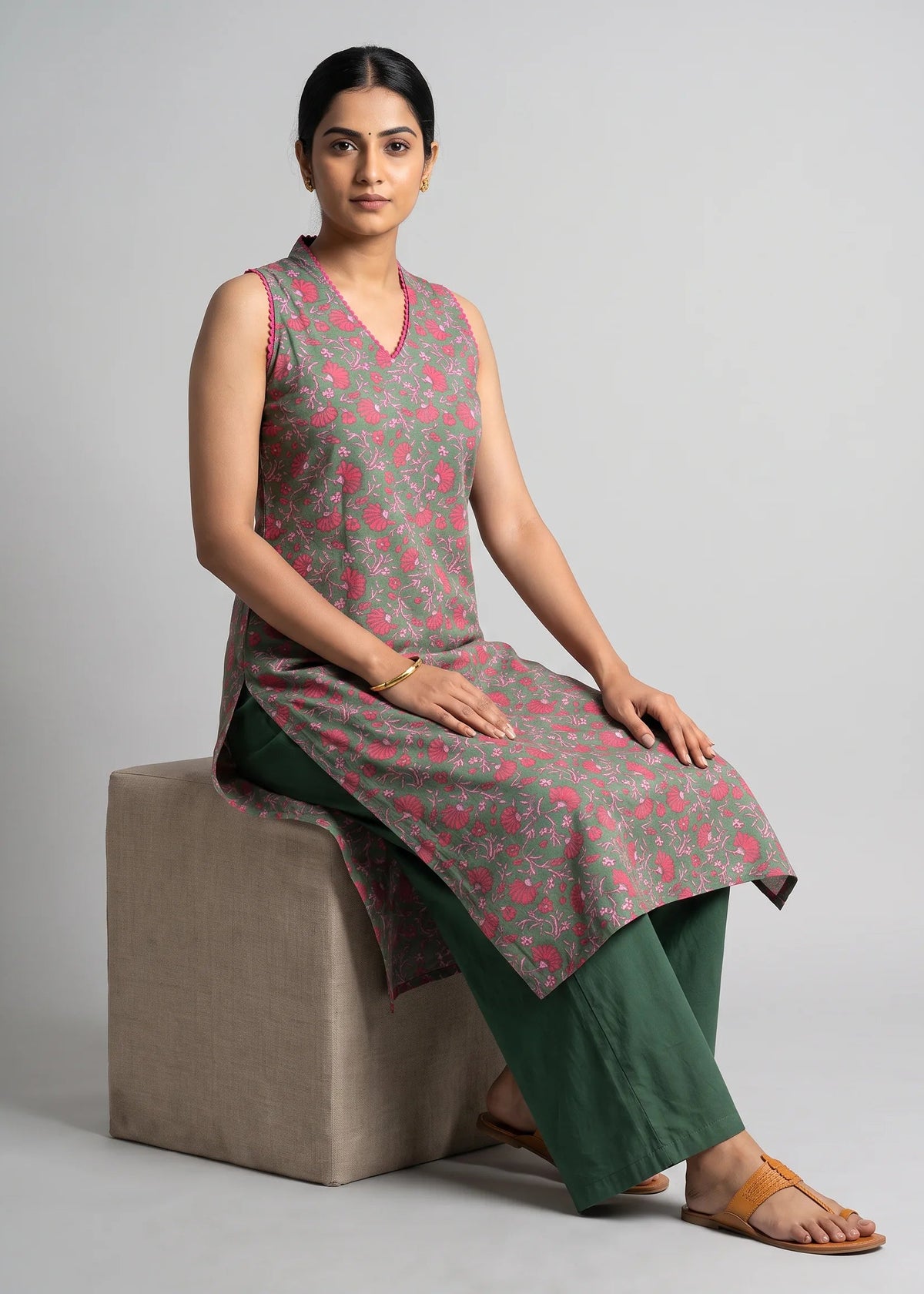 Olive Green Printed A-Line Sleeveless Kurta