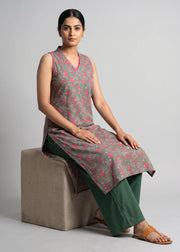 Olive Green Printed A-Line Sleeveless Kurta