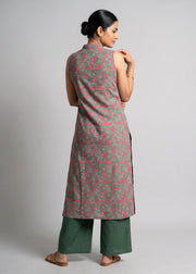 Olive Green Printed A-Line Sleeveless Kurta