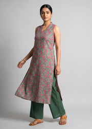 Olive Green Printed A-Line Sleeveless Kurta
