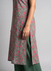 Olive Green Printed A-Line Sleeveless Kurta
