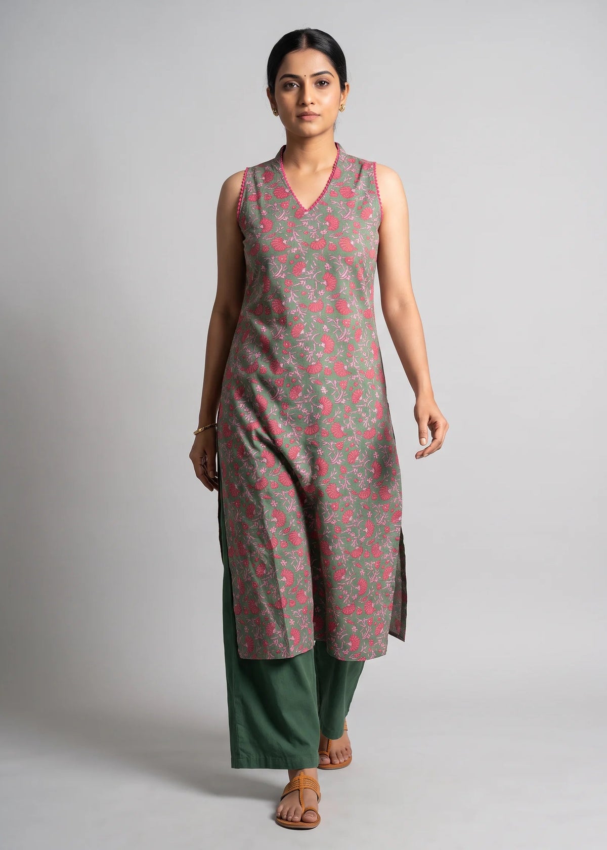 Olive Green Printed A-Line Sleeveless Kurta