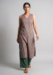 Olive Green Printed A-Line Sleeveless Kurta