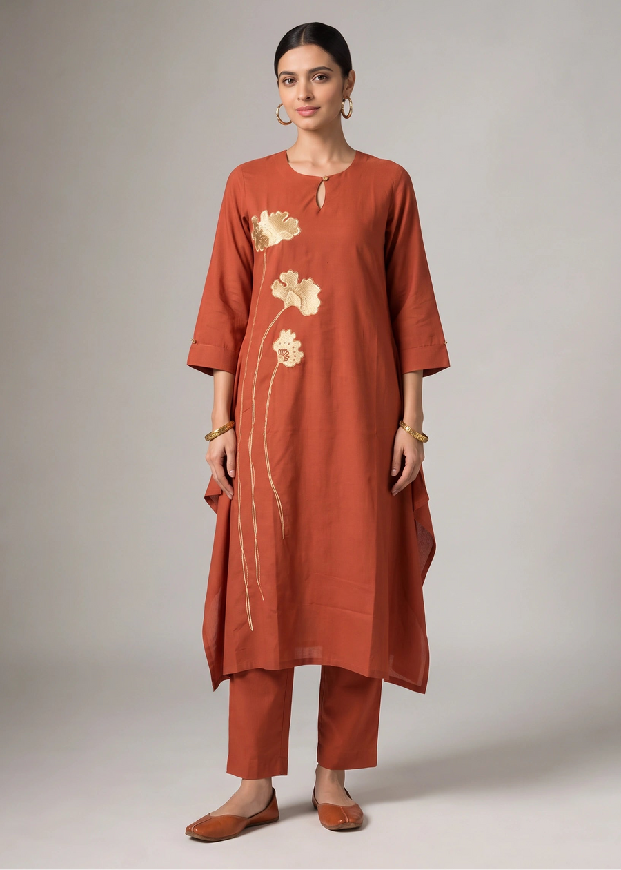 Rust Embroidered A-Line Co-ord Set