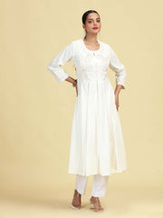 Off White Flared Embroidered A-line Kurta
