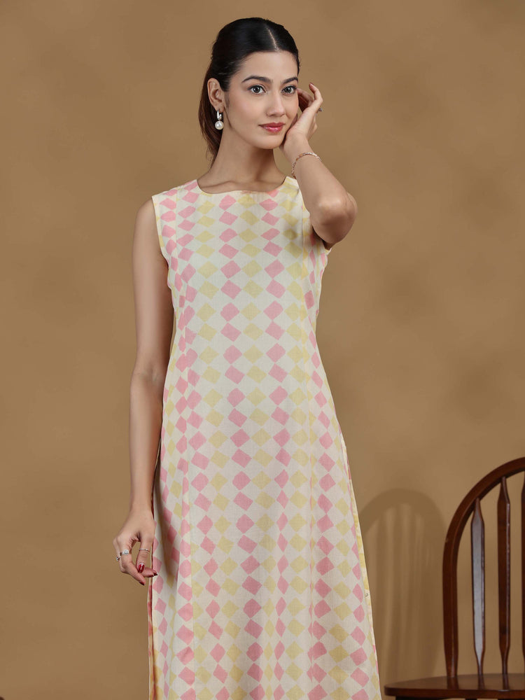 Pastel Diamond Printed Sleeveless Cotton Kurta