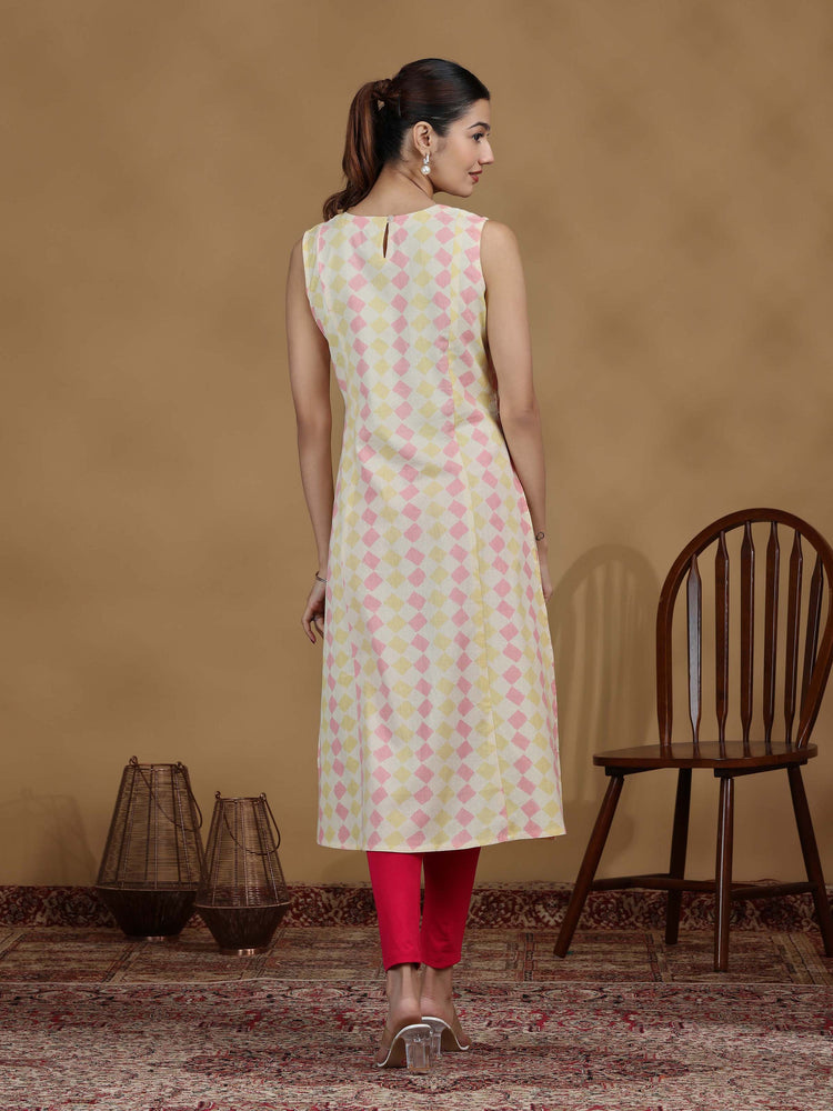 Pastel Diamond Printed Sleeveless Cotton Kurta