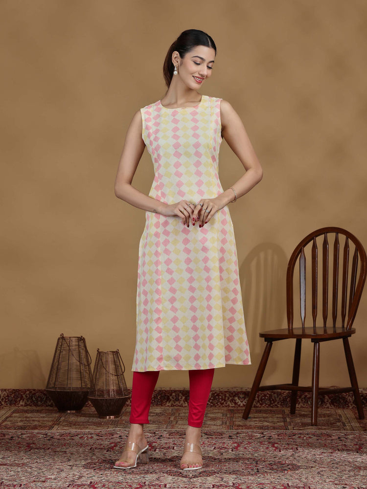 Pastel Diamond Printed Sleeveless Cotton Kurta