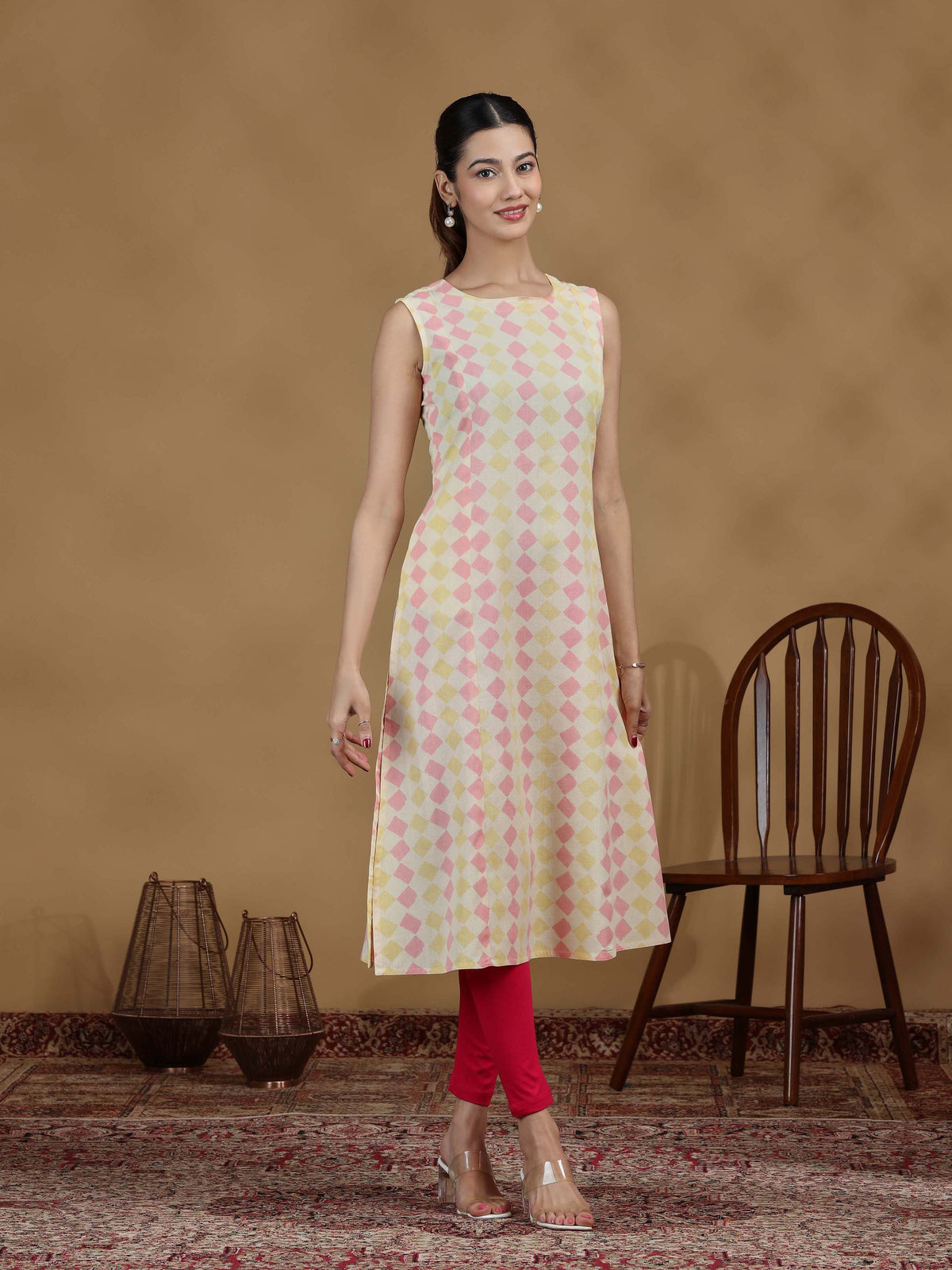 Pastel Diamond Printed Sleeveless Cotton Kurta