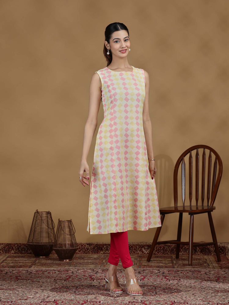Pastel Diamond Printed Sleeveless Cotton Kurta