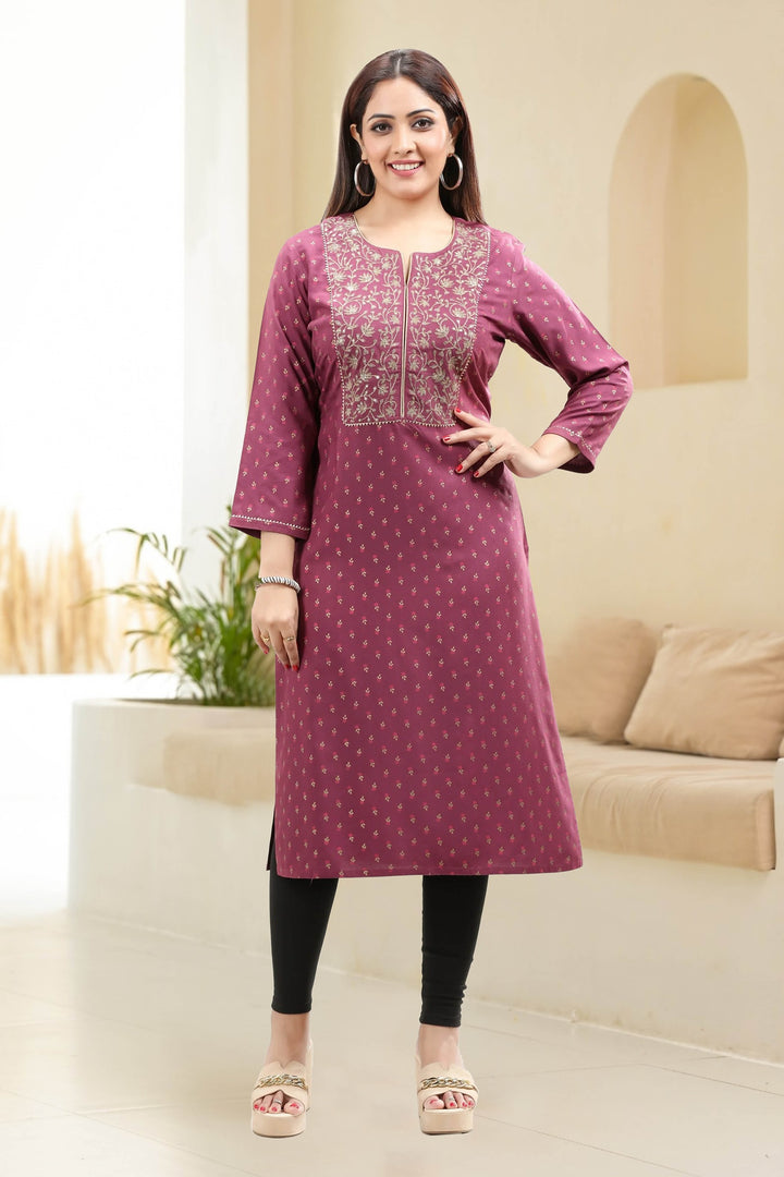 Purple Rayon Straight Embroidered Kurta