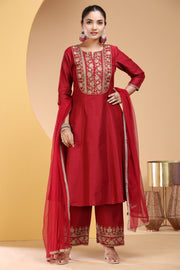 Maroon PolySilk A Line Embroidered Kurta Pants and Dupatta Set