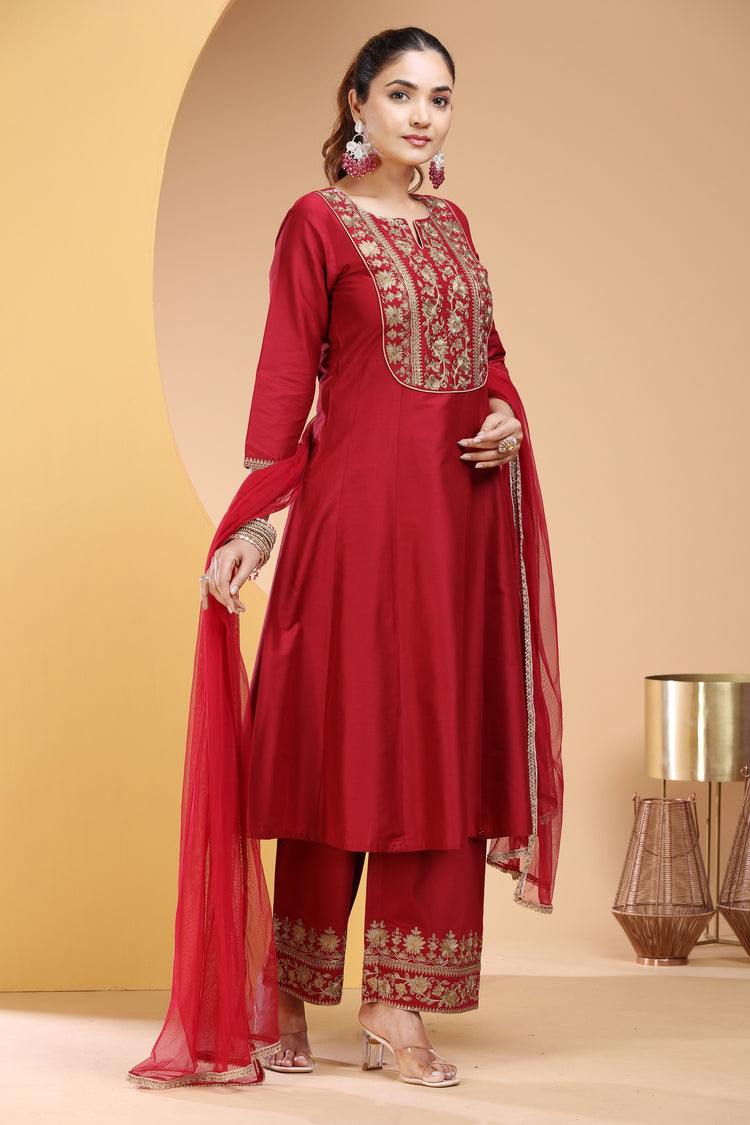 Maroon PolySilk A Line Embroidered Kurta Pants and Dupatta Set