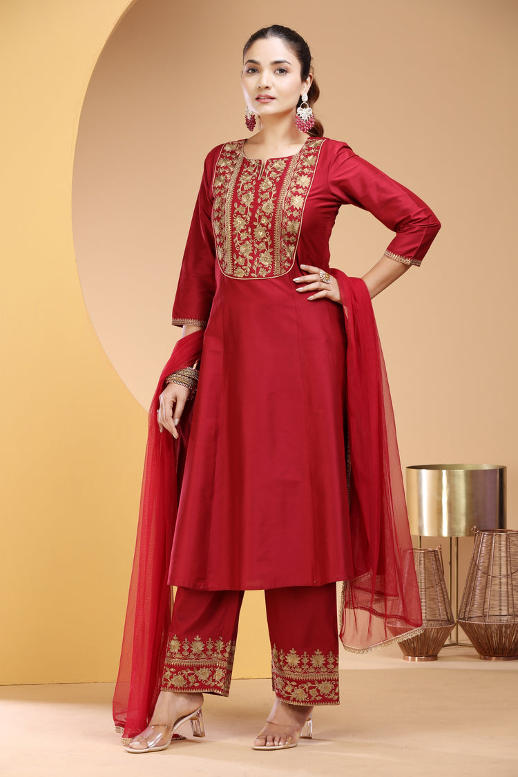 Maroon PolySilk A Line Embroidered Kurta Pants and Dupatta Set