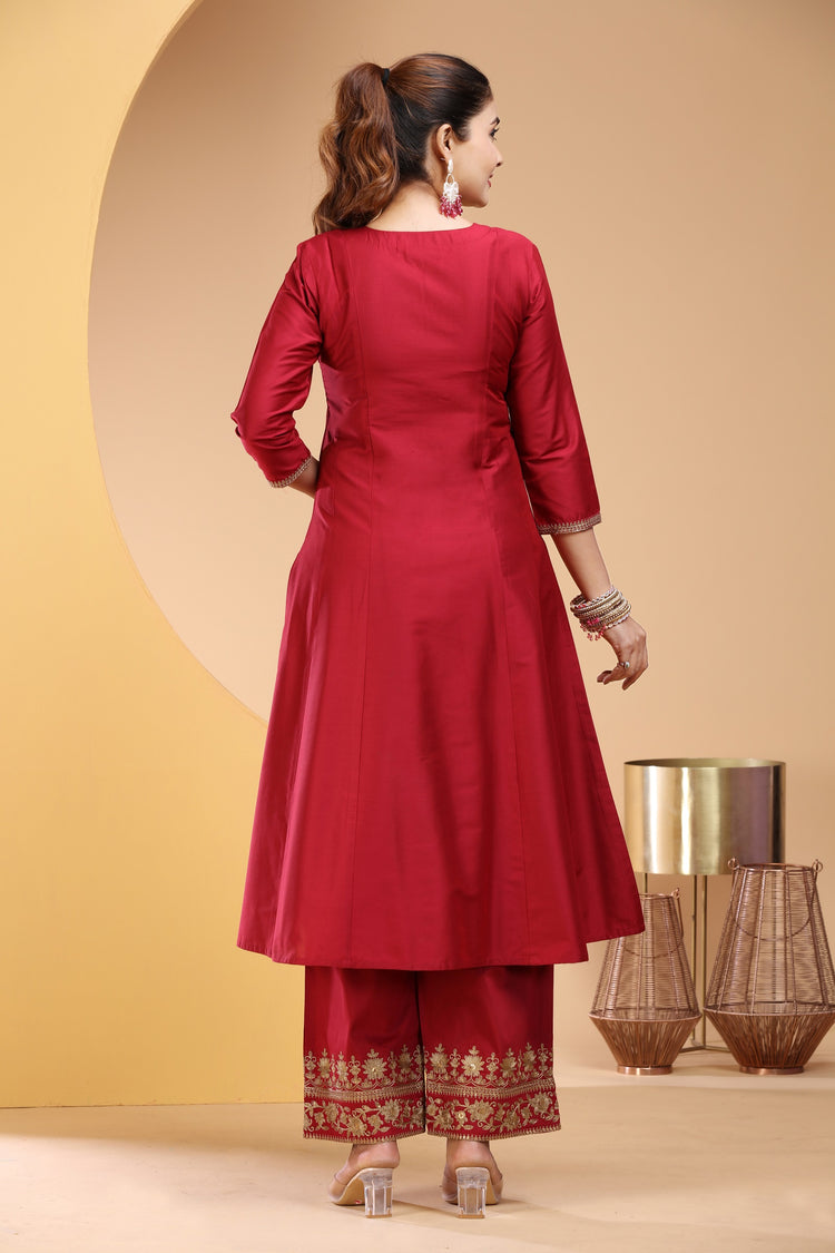 Maroon PolySilk A Line Embroidered Kurta Pants and Dupatta Set