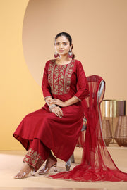 Maroon PolySilk A Line Embroidered Kurta Pants and Dupatta Set
