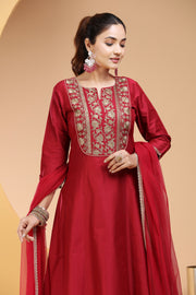 Maroon PolySilk A Line Embroidered Kurta Pants and Dupatta Set