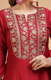 Maroon PolySilk A Line Embroidered Kurta Pants and Dupatta Set