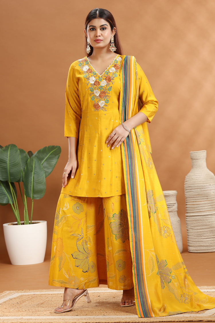 Yellow Roman Silk Straight Embroidered Kurta Sharara Suit Set