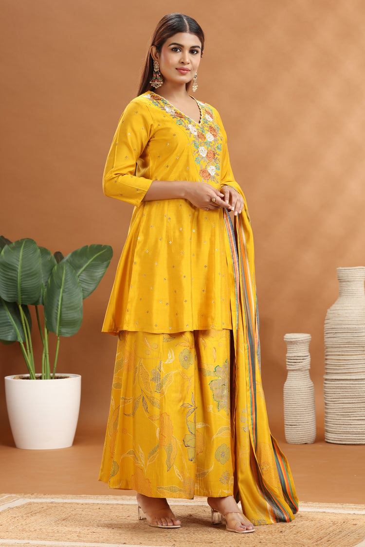 Yellow Roman Silk Straight Embroidered Kurta Sharara Suit Set