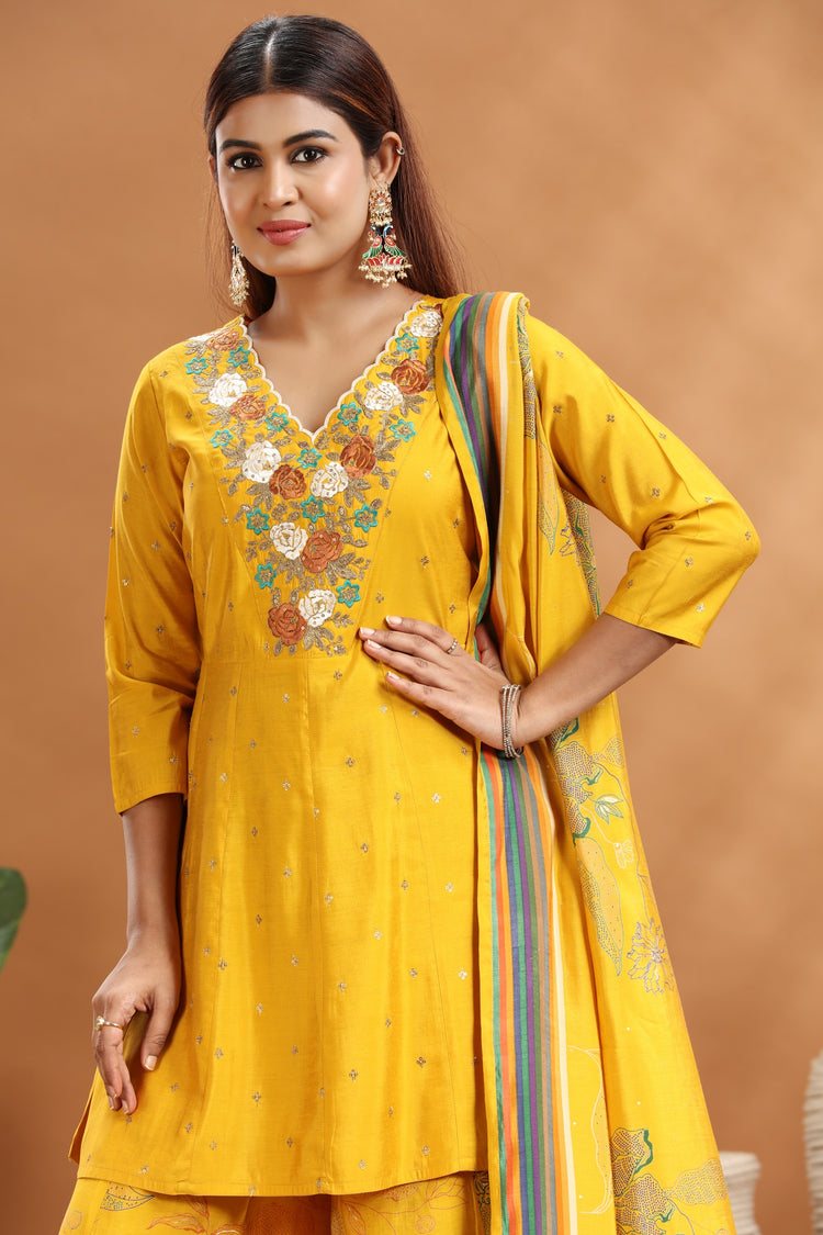 Yellow Roman Silk Straight Embroidered Kurta Sharara Suit Set